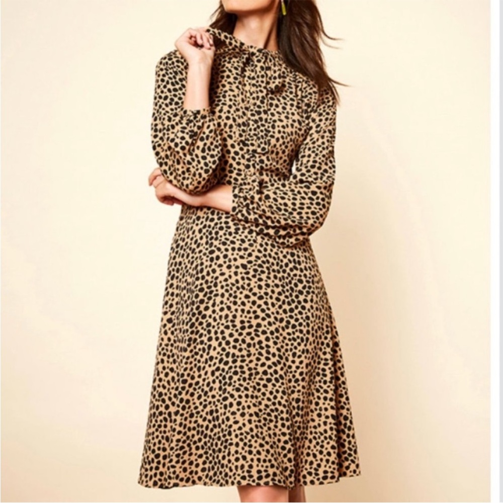 Gibson Latimer Beige Leopard Print Neck Tie Dress | Size 12